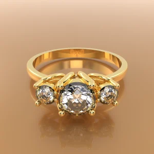 Verlobungsring 3 Steine 0,7 ct Brillant in 18k Gelbgold mit Filigran-Details