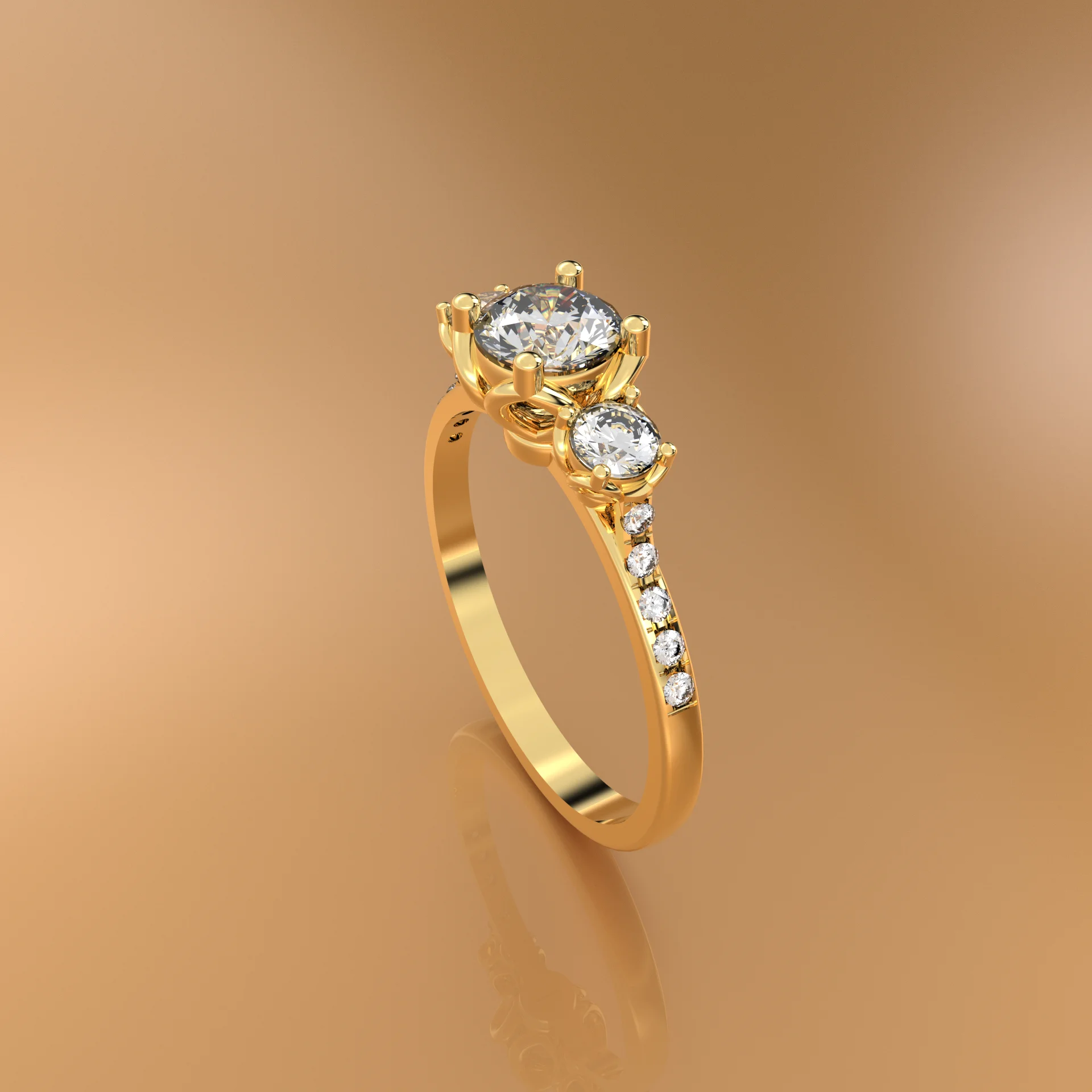 Verlobungsring 3 Steine Pavé 0,7 ct Brillant in 18k Gelbgold mit 10 Pavé-Diamanten
