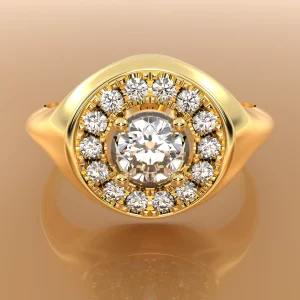 Verlobungsring Halo 0,5 ct Brillant, 18k Gold mit Diamantkranz – Perspektivansicht, Italien