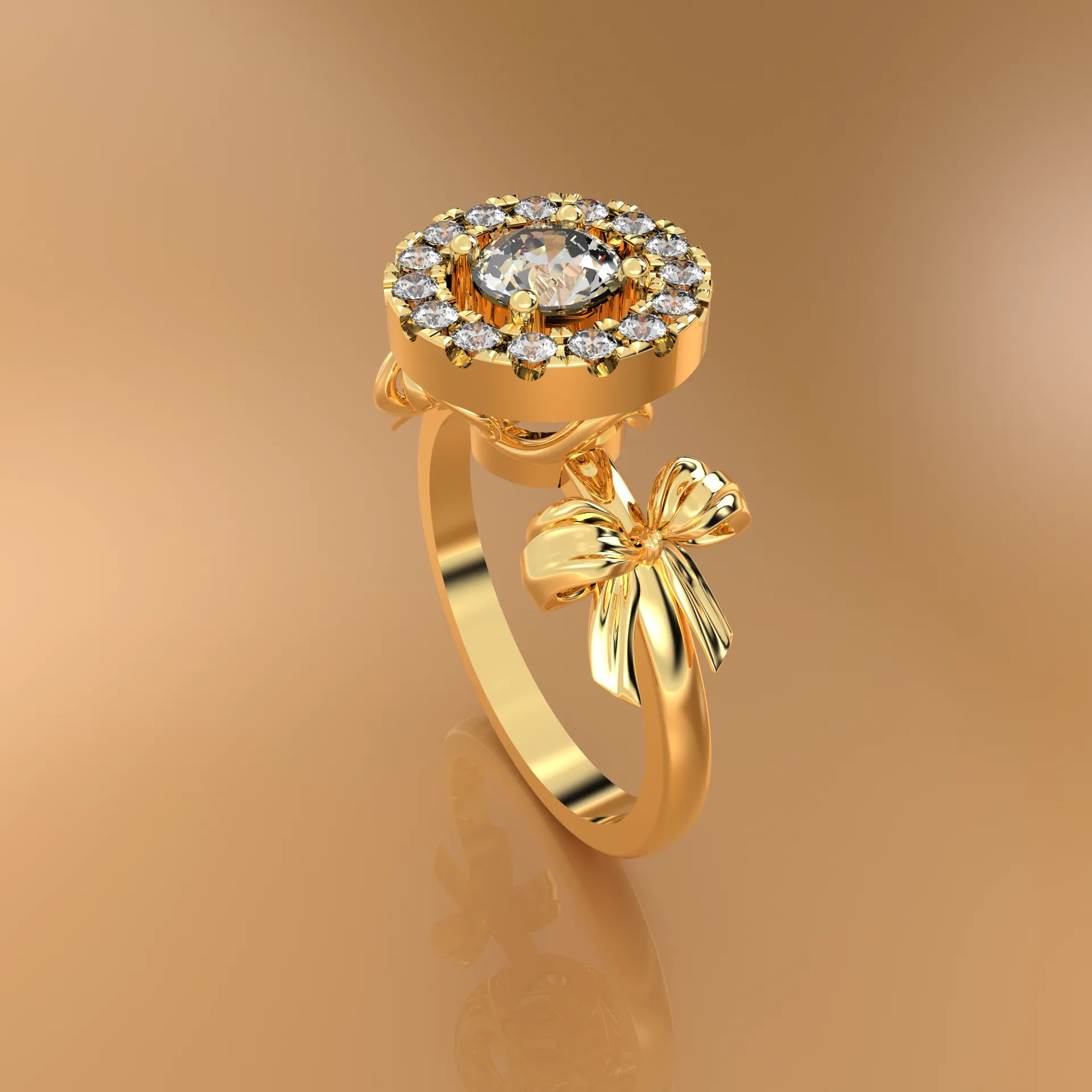 Verlobungsring Halo 0,5 ct Brillant mit Schleife und Herz-Galerie in 18k Gelbgold