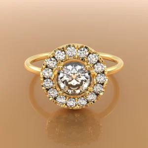 Verlobungsring Halo Minimalistisch 0,5 ct, 18k Gold mit filigraner Schiene – Perspektivansicht, Italien