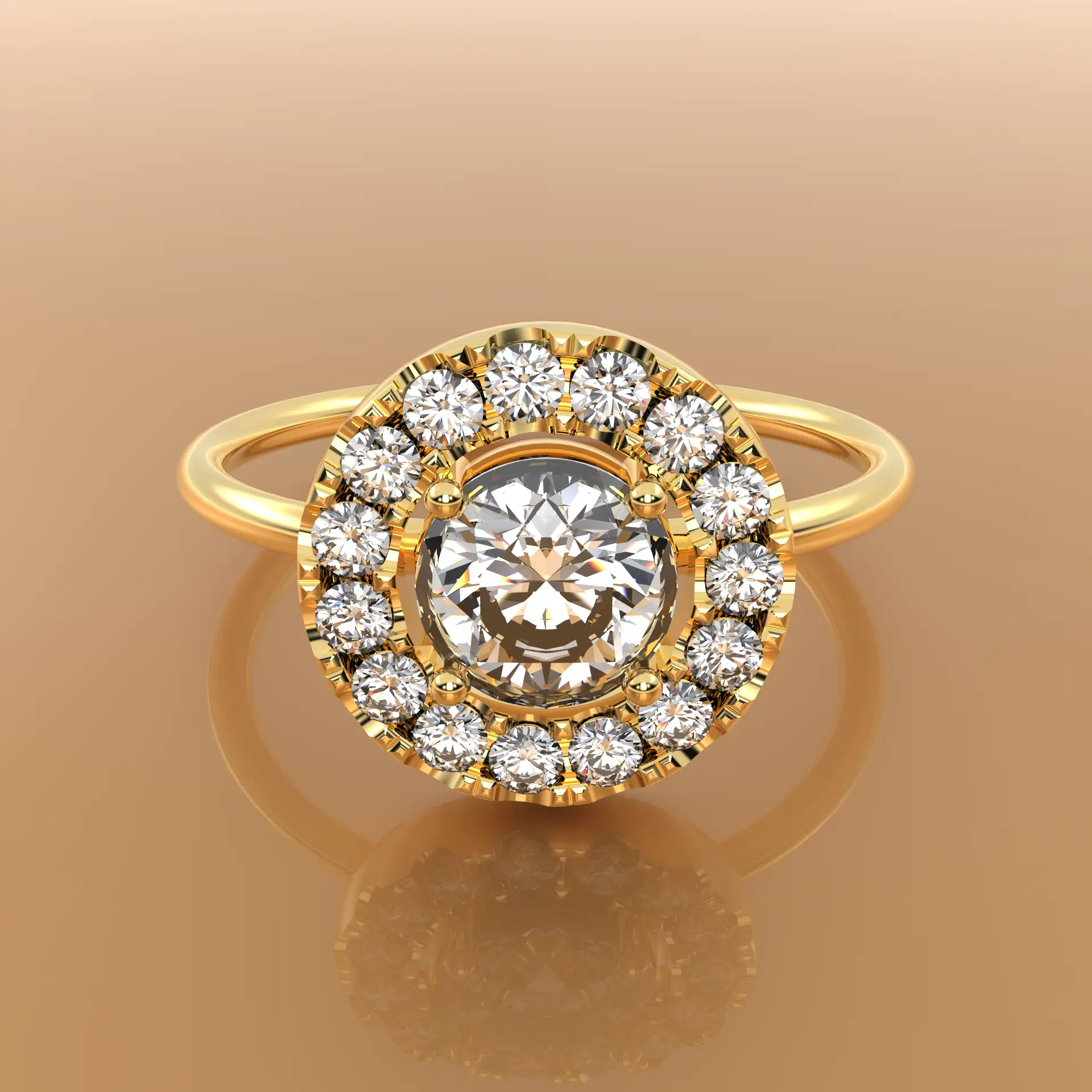 Minimalistischer Halo Verlobungsring 0,5 ct Brillant filigrane Schiene 18k Gelbgold