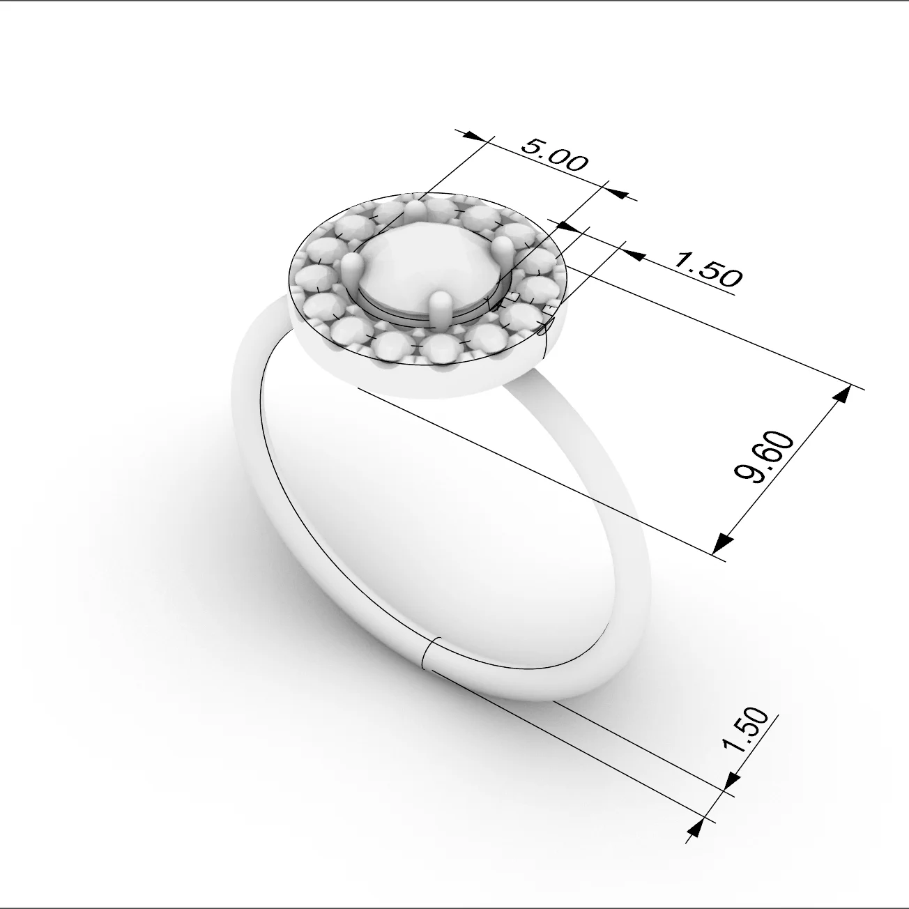 Verlobungsring Halo Filigran 0,5 ct – technische Zeichnung mit Maßen, Italien